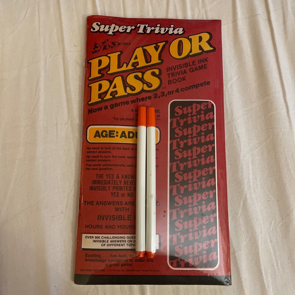 Vintage Super Trivia Play or Pass & Trivia Invisible Ink w/Pens New Sealed 1984